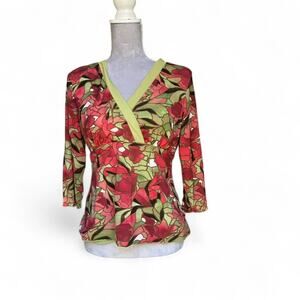 INC INTERNATIONAL CONCEPTS Red Green Floral Mesh Babydoll ‎ V-Neck Top XL